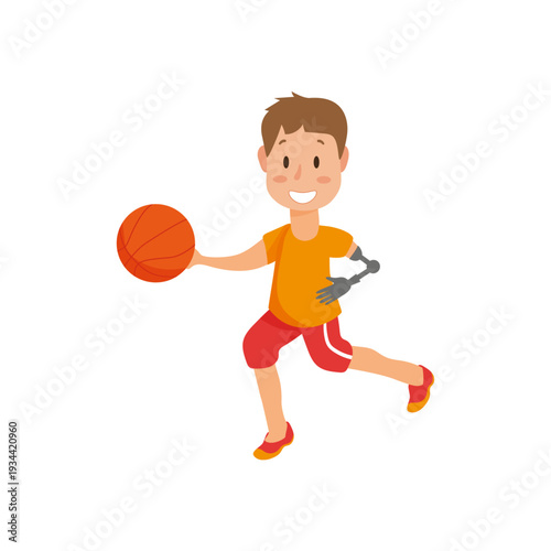 Vector illustration of a boy with a prosthetic arm playing with a ball.