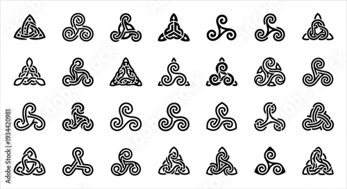 Diverse Collection of Traditional Celtic Knot Designs, Including Intricate Triskelion and Triquetra Patterns, Representing Ancient Cultural Heritage and Symbolic Art Elements