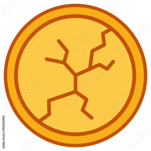 Gold coin is cracked, showing damage. Simple design can indicate issues in finance. Concept of financial awareness, investment, banking