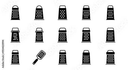 Variety of kitchen grater icons, showcasing essential culinary tools for food preparation. Perfect for cooking-themed designs, digital applications, and recipe illustrations