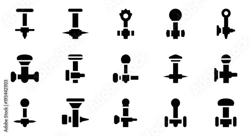 Diverse collection of monochrome flat vector icons depicting various types of valves, spigots, and pipe connectors for plumbing, industrial, and fluid control systems design elements