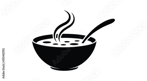 Simple monochrome illustration depicting a steaming bowl of food with spoon, warm homemade dish symbol with gentle vapor swirls, bold black and white outline artwork, professional high resolution