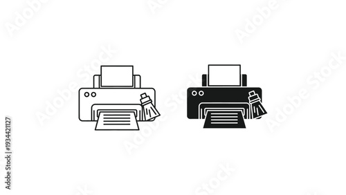 Two different types of printers with paper and ink cartridges depicted in simple line art