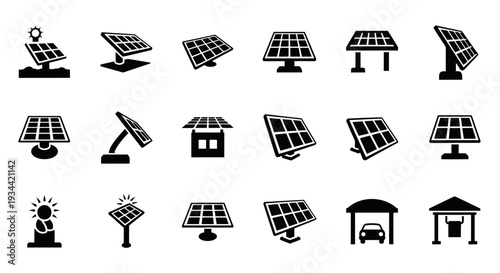 A comprehensive collection of black silhouette icons illustrating various solar panel installations and renewable energy solutions