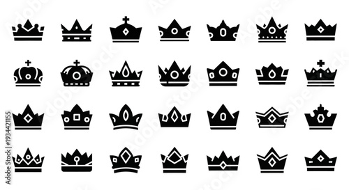 A diverse collection of elegant silhouette crown icons, representing monarchy, power, and prestige. 