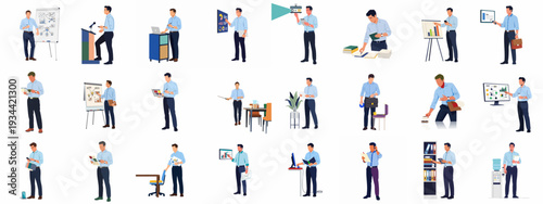 Collection of illustrations depicting a businessman performing various office tasks, presentations, and corporate activities, showcasing professionalism and productivity.