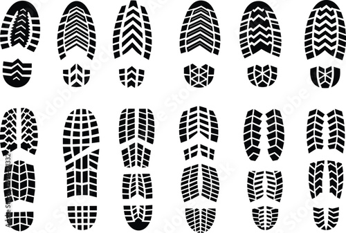 Shoe sole tread patterns silhouettes collection with diverse boot footprints and sneaker outsole textures isolated on white background for design, branding, and forensic use