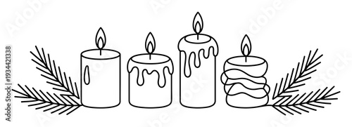 Candle Set with Fir Branches Vector Illustration