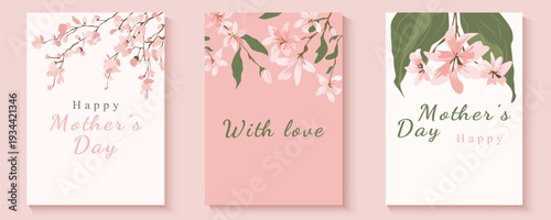 Happy Mother's Day cards. Pink and white cards with flowers and leaves and the text Happy Mother's Day. Vector illustration for Mother's Day.