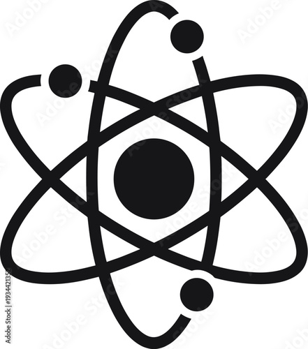 A stark black and white atom icon symbolizing nuclear threat and global conflict.
