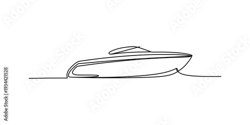 A minimalist black and white line art illustration depicting a powerboat or yacht cruising on the water Vector, illustration