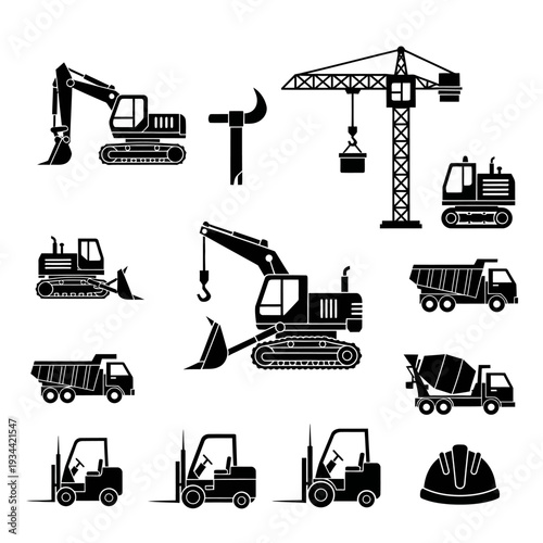 Construction Equipment Icons Set: Excavator, Crane, Dump Truck, Forklift, Mixer