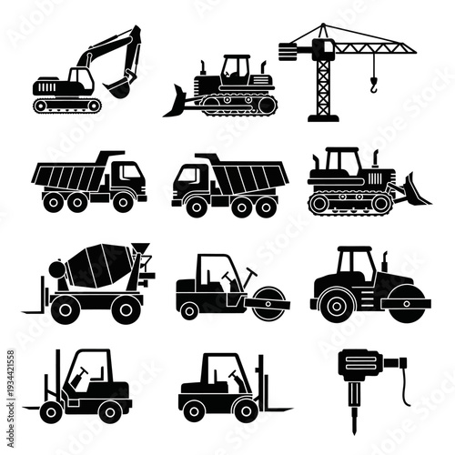 Construction equipment icons set: excavator, crane, trucks, bulldozer, mixer, roller, forklift, jackhammer