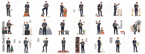 Stylish man celebrating New Year, holidays, and professional milestones with champagne, featuring various festive and travel-themed vector illustrations.