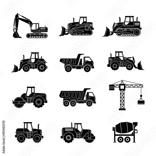 Construction Heavy Machinery Icons Set: Excavator, Bulldozer, Dump Truck, Crane, Mixer