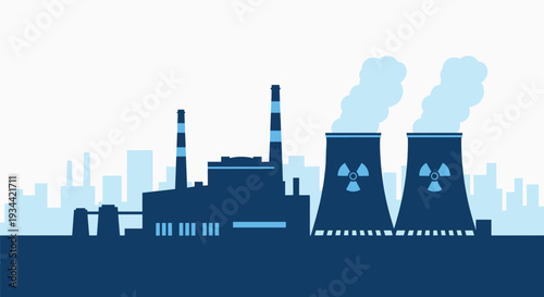 Blue flat design vector of a nuclear power plant with cooling towers and city skyline.