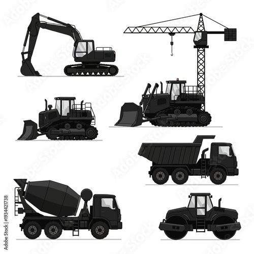 Construction heavy machinery set: excavator, bulldozer, crane, dumper truck, cement mixer, roller