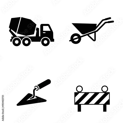 Construction Icons: Cement Mixer, Wheelbarrow, Trowel, and Barrier Set