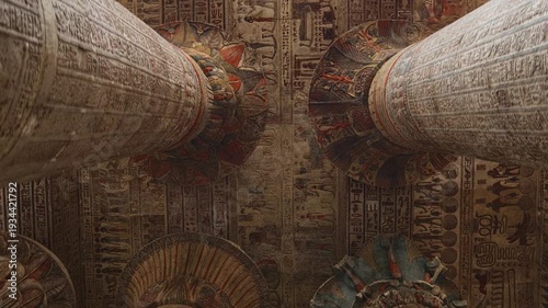 Egypt. Esna temple hypostyle hall with massive painted columns and colorful hieroglyphic reliefs on ceiling in Egypt, ancient Roman-era architecture with preserved pigments and carvings.