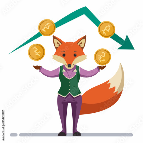 Clever Fox Juggling Global Currencies Amidst Market Fluctuations, Symbolizing Financial Strategy and Economic Changes