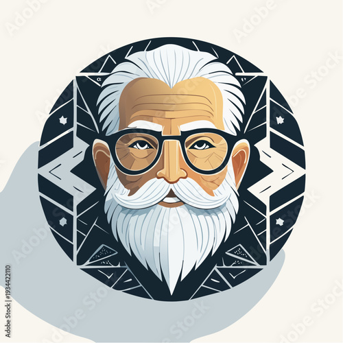 Graphic portrait of a wise elder man with a white beard and glasses, symbolizing experience and profound wisdom in a modern stylized avatar