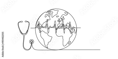 Continuous line drawing of a stethoscope and a globe with a heartbeat line across the center Vector, illustration