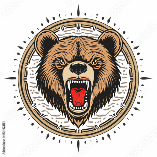 Fierce Grizzly Bear Head With Open Mouth Roaring In A Stylized Compass Design