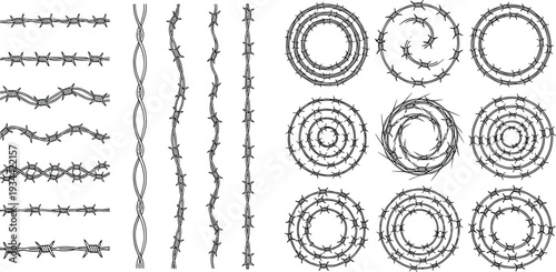 Barbed wire collection vector illustration realistic barbed fence lines and coils isolated security elements