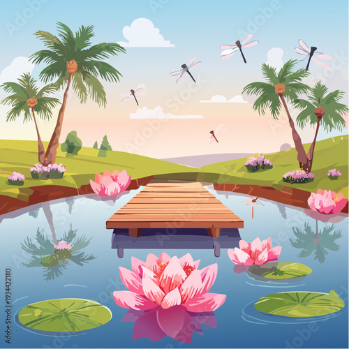 Peaceful Pond Scenery with Water Lilies, Palm Trees, and Dragonflies