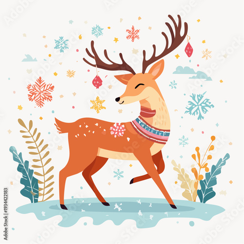Charming deer illustration prancing in a festive winter wonderland with colorful snowflakes and whimsical foliage, evoking holiday joy