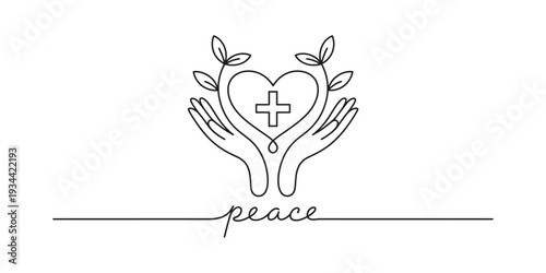 A continuous line drawing of hands forming a heart with a plus sign and growing branches, symbolizing peace and wellness Vector, illustration