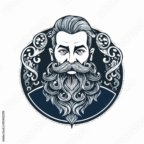 Artistic portrait of a man with an elaborate curly beard and mustache, framed by decorative elements