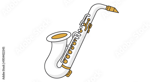 Clean white saxophone with gold accents, isolated on white.