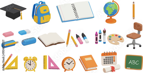 School supplies icon set vector illustration backpack books globe and stationery education collection