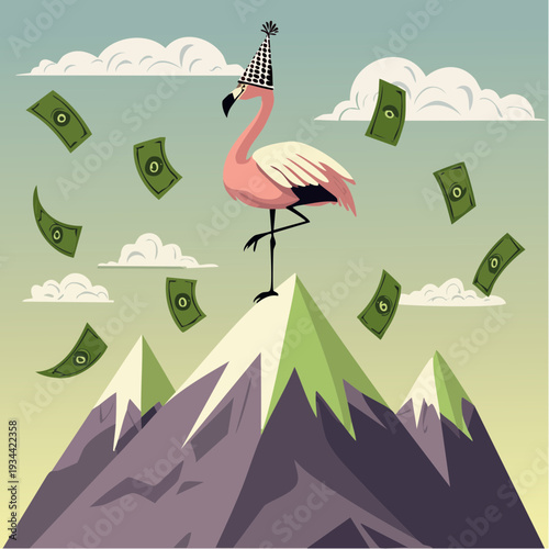 Whimsical flamingo celebrates atop a majestic mountain, symbolizing financial success and reaching new heights amidst a shower of prosperity
