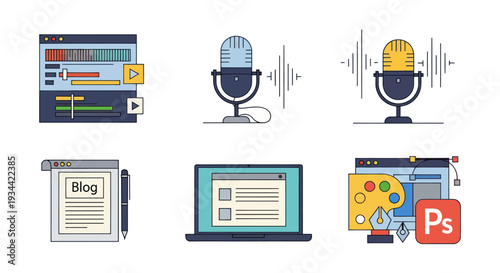Digital content creation icons: video editing, podcasting, blogging, design