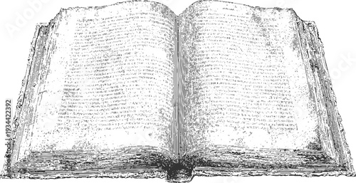 Open antique book with aged pages filled with text in a detailed engraving style