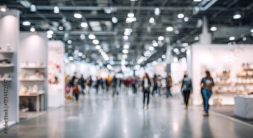 Blurred Image of a Busy Trade Show or Exhibition Hall with People Walking.