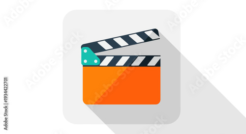 Orange movie clapperboard icon with long shadow on white background for film production