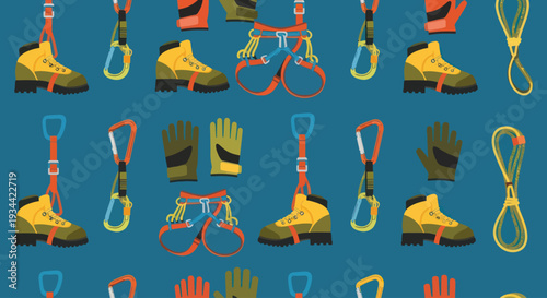 Seamless pattern with rock climbing and mountaineering equipment gear on blue background