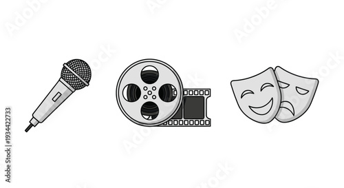 Collection of entertainment icons including microphone film reel and theater masks