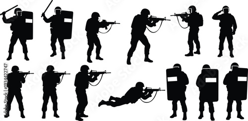Tactical military and police silhouettes set featuring armed soldiers with rifles, shields, and combat poses isolated on white background security forces illustration