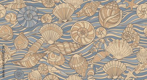 Seamless vintage seashell pattern with hand-drawn marine shells on wavy background