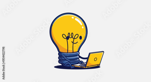 A cartoon light bulb character working on a laptop, symbolizing creative thinking and