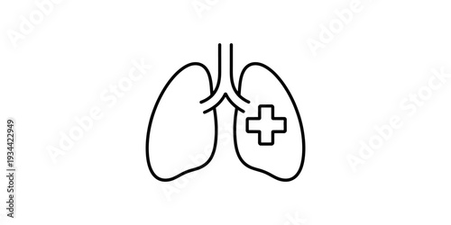 Simple line art icon of human lungs with a medical cross representing respiratory health. Vector, illustration