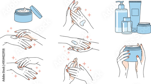 Hand care routine vector illustration moisturizing washing and skincare steps with cosmetic products isolated design