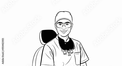 Stylized line drawing of a smiling dentist in scrubs and loupes