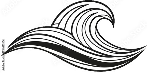 Stylized line art of a crashing wave with swirling white foam accents