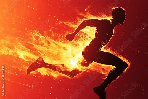 Dynamic silhouette of a man running through flames with fiery background and energetic motion conveying determination and passion