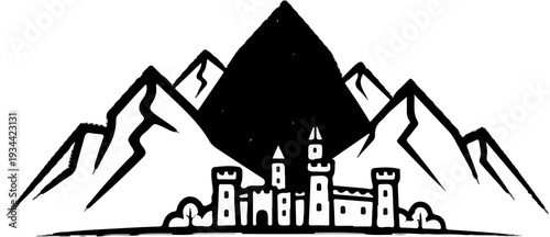 Stylized mountain range behind a silhouetted castle